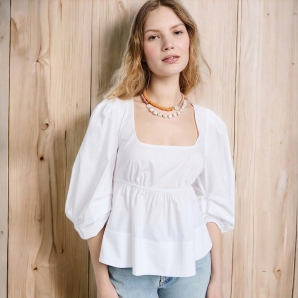 STAUD Tops - STAUD Sophie White Stretch Cotton Blouse size Small Empire Waist Billow Sleeve